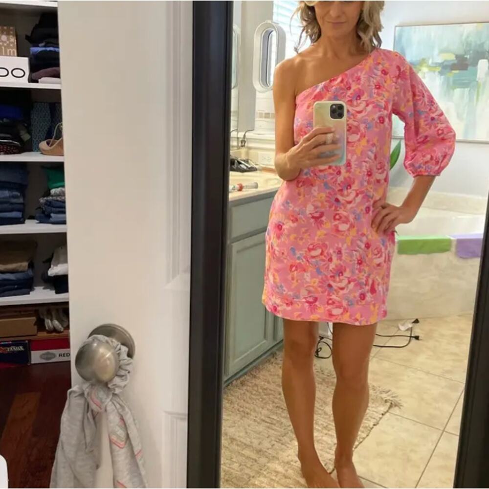 Something Navy Pink Floral Mini Dress MEDIUM One Shoulder Linen Shift Party $165 - Picture 6 of 11